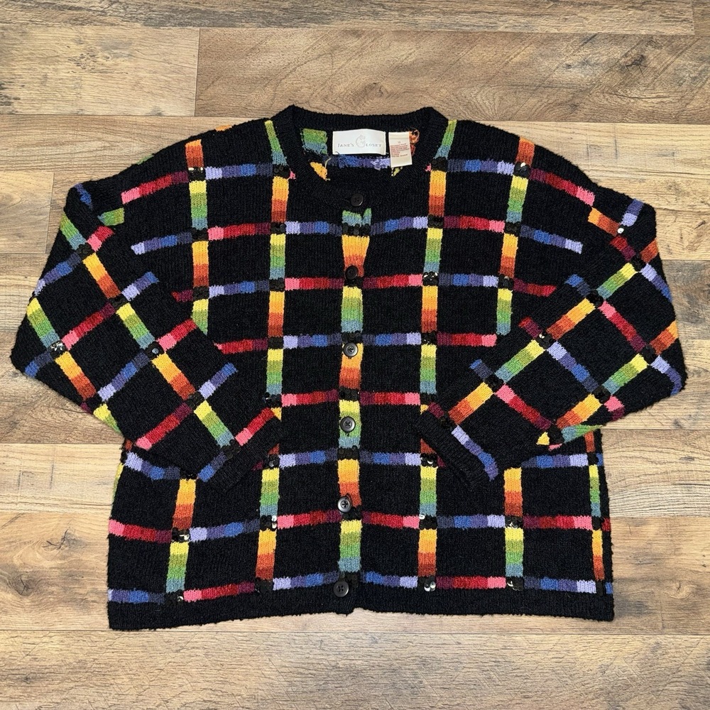 Vintage Jane's Closet Rainbow Sequin Square Patterned Cardigan Sweater XL